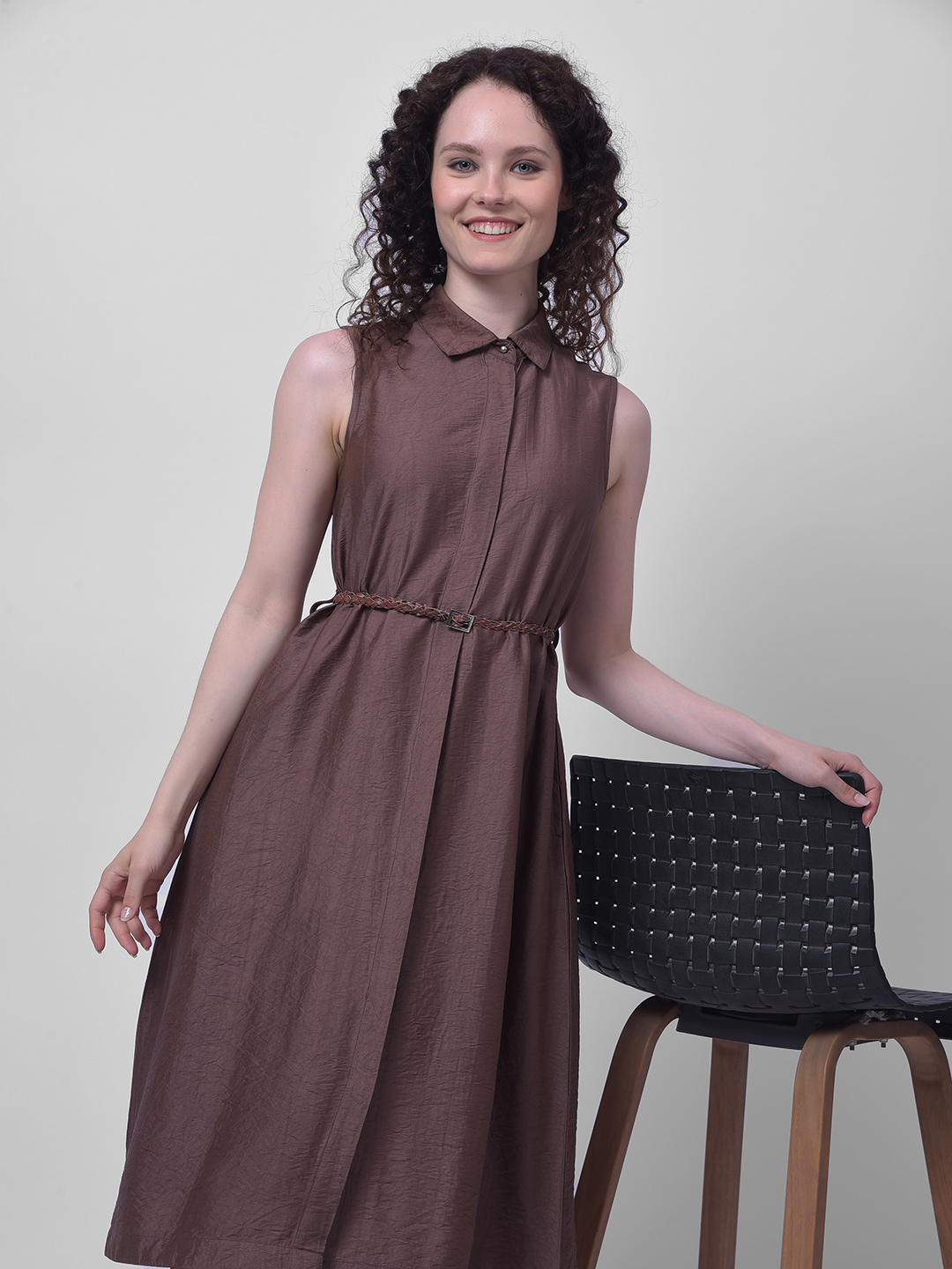 Numero Uno Women Brown Sleeveless Shirt Dress